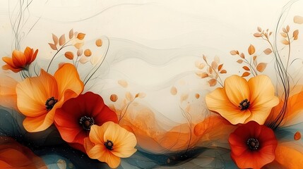 an abstract autumn background featuring organic lines and warm textures, enhanced by floral details that evoke the essence of the season in a soft palette