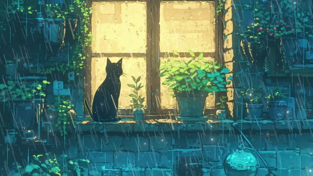 The black cat gazes wistfully at the rainy night, surrounded by vibrant plants and a warm glow from the window. seamless looping 4K time-lapse virtual video animation background