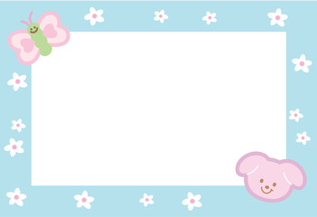 Cute blue frame with puppy, butterfly, flower for polaroid frame, animal, pet shop, social media, post card, rectangle ad template, sticky note, banner, name tag, pet shop, vet, adopt and rescue pet
