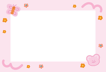 Cute pastel pink frame with teddy bear, butterfly, flowers for polaroid frame, animal, zoo, souvenir, social media, post card, rectangle template, sticky note, banner, name tag, spring, summer

