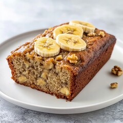 A delectable and moist banana bread with a golden crust and slices of banana on top, served on a white plate, Banana bread centered