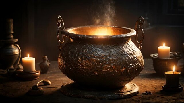 A sorcerer's cauldron boiling a potion