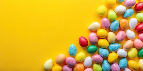 Obraz premium Pattern of egg shaped candy flat laid against yellow background