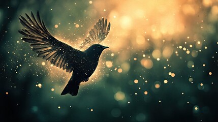 Fototapeta premium A Silhouetted Bird Flying Through Golden Sparkles