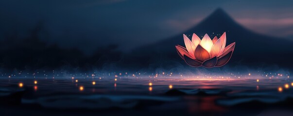 Obraz premium Pathway to spiritual enlightenment concept. A serene night scene featuring a glowing lotus flower on water with soft sparkling lights and a distant mountain silhouette