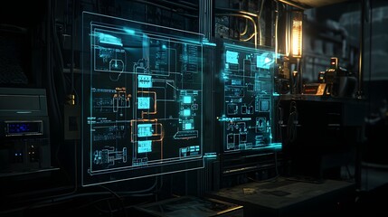 Futuristic home electrical panel featuring a holographic user interface for advanced energy monitoring control and automation  The advanced digital display showcases real time analytics circuit data