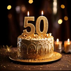 A beautifully decorated 50th birthday cake features golden numbers and candles, set on a table adorned with sparkling decorations, creating a festive atmosphere