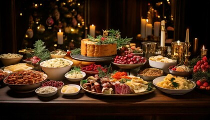 A beautifully arranged holiday feast showcases a variety of dishes including meats, salads, desserts, and decorations, creating a warm, inviting ambiance for celebrations