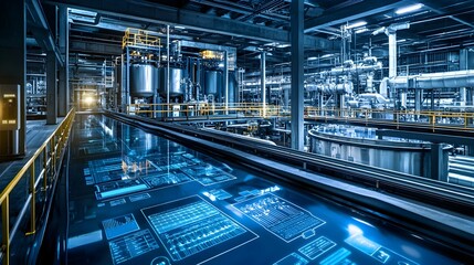 Fototapeta premium Futuristic water treatment facility featuring advanced industrial machinery automation and technology for efficient water processing and purification