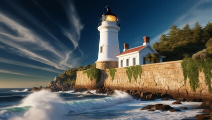 lighthouse on the coast of state country with a dramatic sea waves and fascinating sky, a painting wallpaper background 