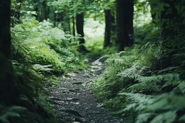 Fototapeta premium A serene forest path beckons exploration. Lush greenery lines the way with vibrant ferns. This tranquil scene invites nature lovers and adventurers alike. Generative AI