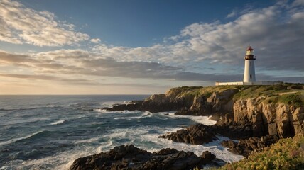 lighthouse on the coast of state country with a calm sea and fascinating sky, a painting wallpaper background 