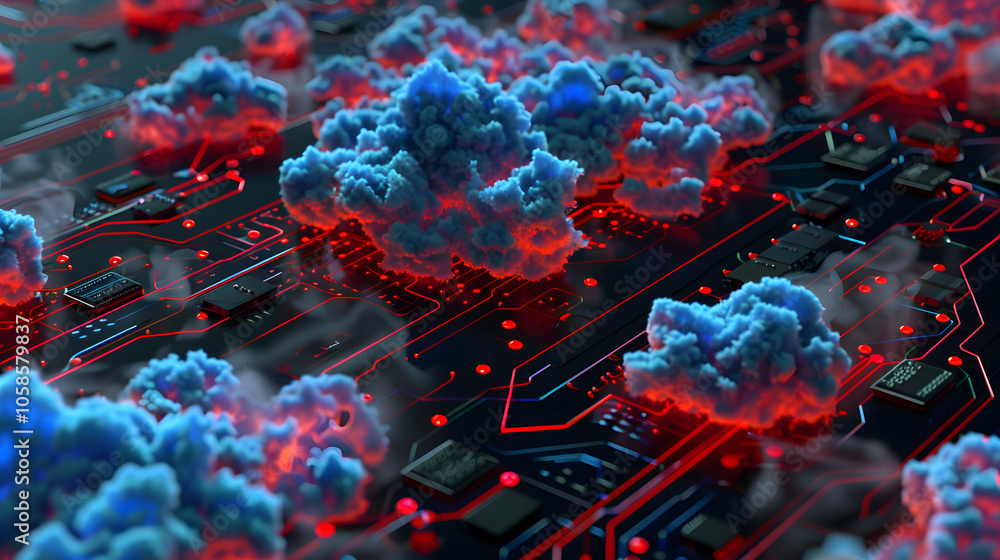 Poster a computer chip with many blue and red clouds on it. the clouds are connected to each other and to a
