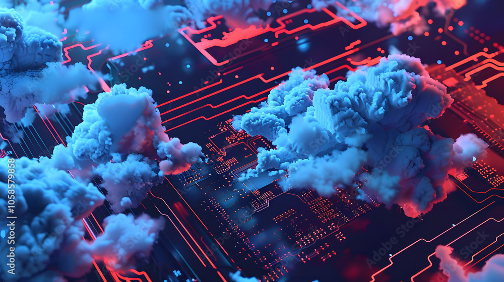 Poster a computer chip with many blue and red clouds on it. the clouds are connected to each other and to a