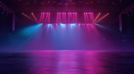 Colorful stage lights illuminate a concert venue, creating a vibrant atmosphere.