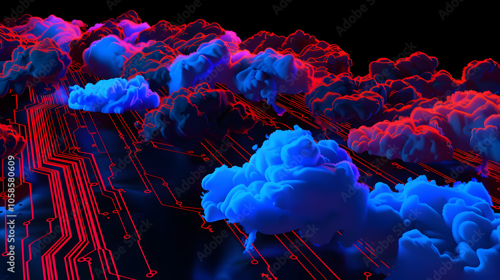 Poster a computer chip with many blue and red clouds on it. the clouds are connected to each other and to a