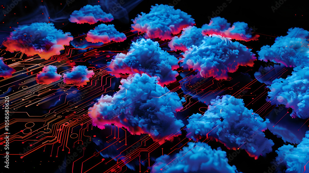 Poster a computer chip with many blue and red clouds on it. the clouds are connected to each other and to a