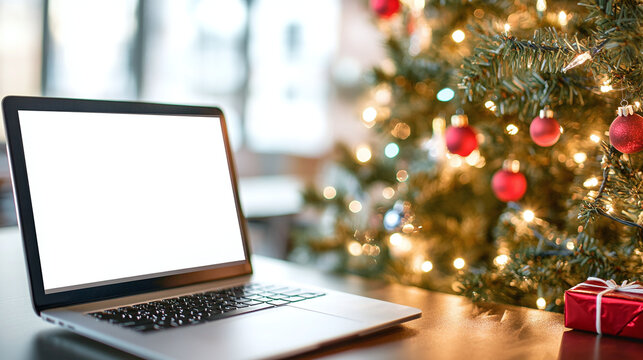 Laptop with white screen mockup stands on office desk with christmas tree in background