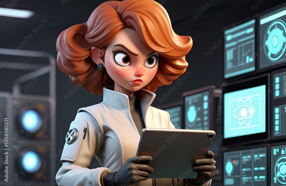 Poster animated female scientist in high-tech lab analyzing data on tablet