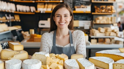 A cheerful woman stands behind a display of various cheeses, showcasing her passion for gourmet dairy products.