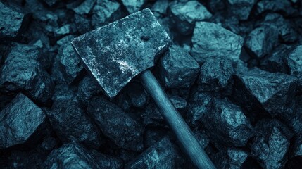 A close-up of a metallic shovel resting on a pile of dark coal, showcasing texture and industrial aesthetics.