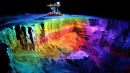 Vibrant and colorful 3D digital of a copper mine landscape with active drilling the underground mining machinery and equipment in a dramatic geological environment