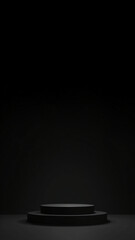 three black round presentation podiums on black background 