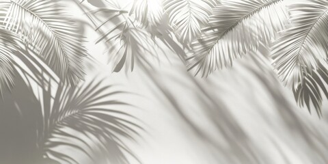 The silhouette cast by palm leaves on a white wall creates a distinct pattern, showcasing the interplay of light and shadow. This design adds depth to the plain surface.