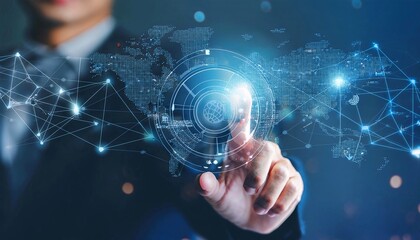 Naklejka premium Hand use the intelligence of AI Search for data information to growth business and add new customers on the global network. Data exchange, CRM, Customer service, Teamwork, HR recruitment.