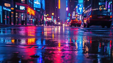 Obraz premium Neon Lights Reflecting on Wet Pavement in a City at Night