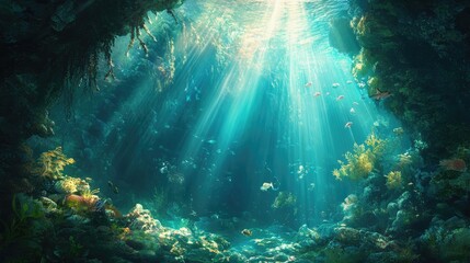 Obraz premium Mystical ocean depths with beams of light filtering through, casting a peaceful and awe-inspiring underwater view.