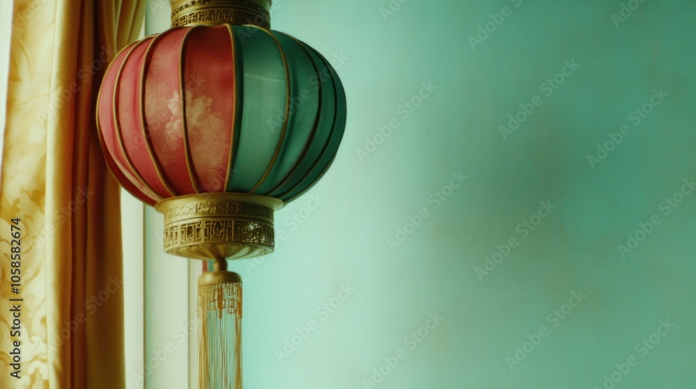 Poster a decorative lantern with a colorful design against a soft backdrop.