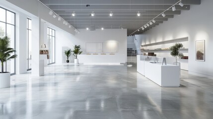 Modern art gallery interior with bright lighting and minimalistic design.