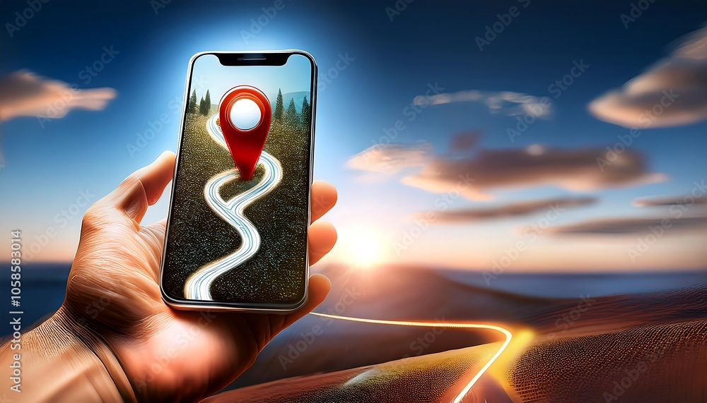 Poster a hand holding a smartphone displaying a gps map with a red location pin on a winding road.