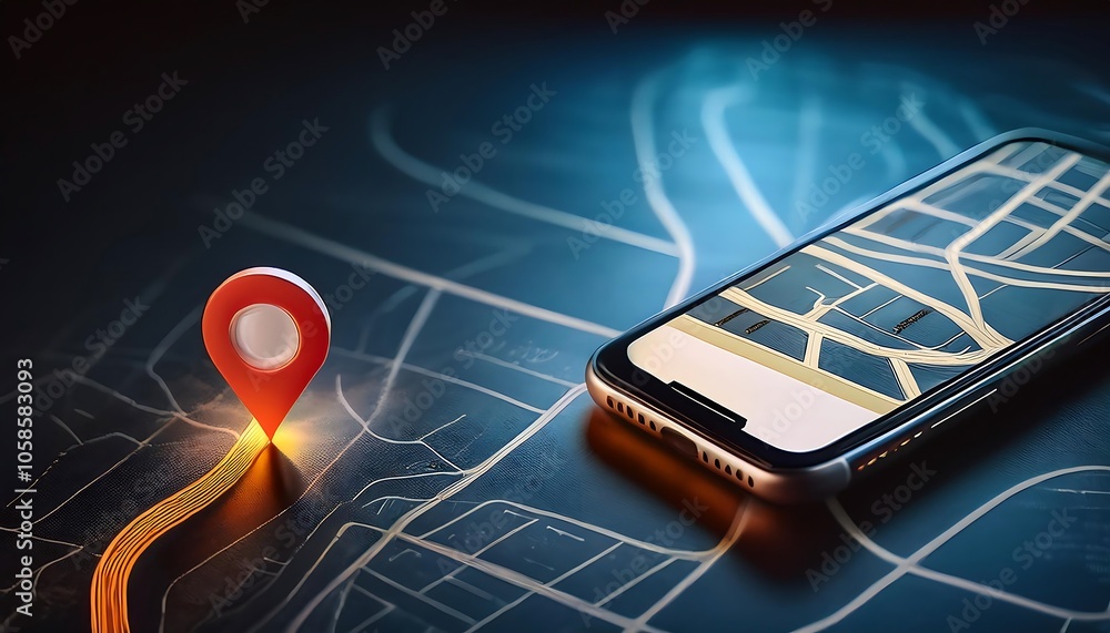 Poster a hand holding a smartphone displaying a gps map with a red location pin on a winding road.