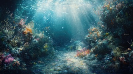 Fototapeta premium Ocean depths softly lit by sun rays, revealing a serene and mystical underwater world with subtle motion.