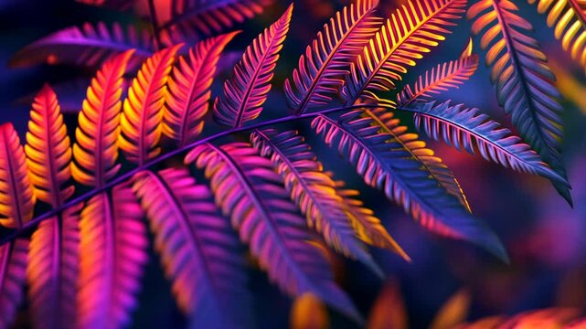 Purple and orange fern leaves are illuminated in the evening light