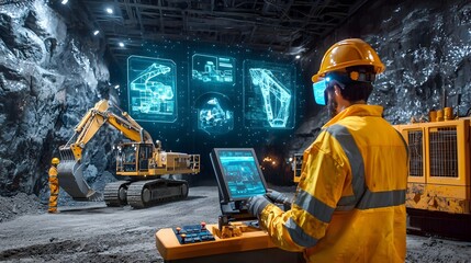 A photograph showcasing the use of advanced technology automation and digital controls in the of heavy machinery and equipment in the industrial mining and construction sectors