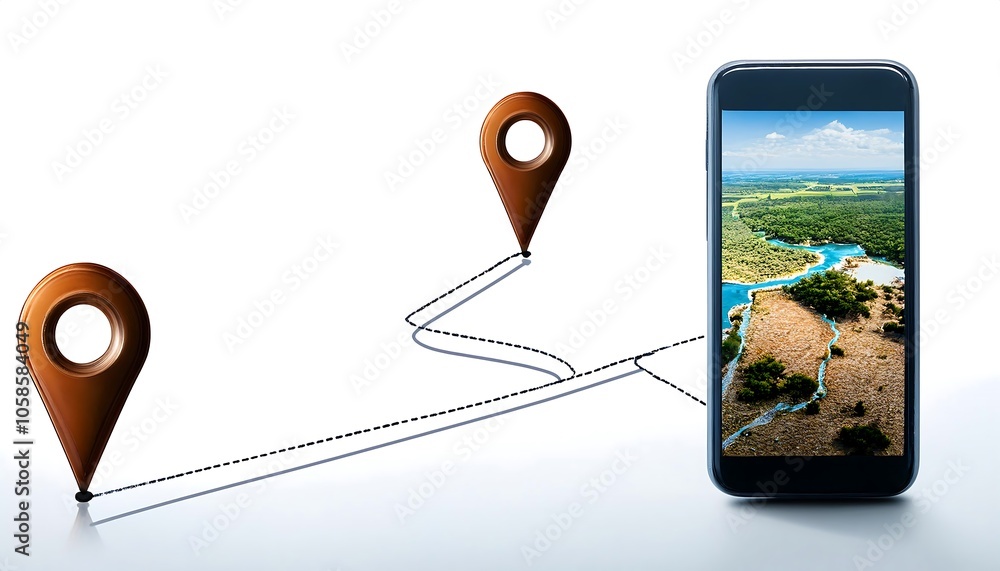 Poster a smartphone displaying a map with a red location pin, held by a hand, symbolizing navigation.