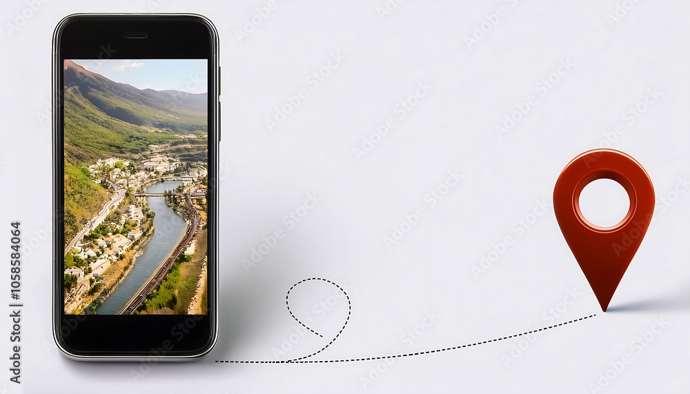 Poster a smartphone displaying a map with a red location pin, held by a hand, symbolizing navigation.