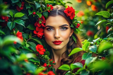 Naklejka premium Lush Green Foliage with Red Accents: Portrait Photography