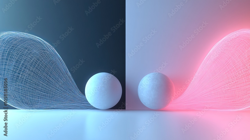 Poster abstract representation of motion with contrasting colors and spheres.