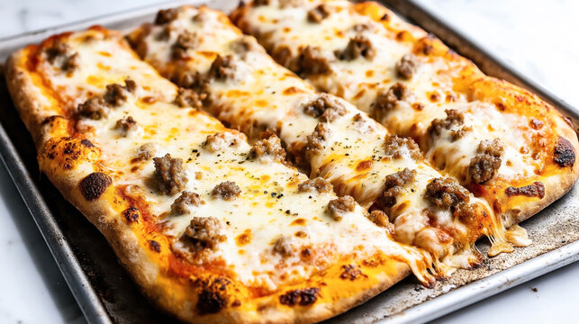 A rectangular pizza with melted cheese and sausage chunks on a baking sheet, featuring a golden crust and tomato sauce, resting on a light marble surface.