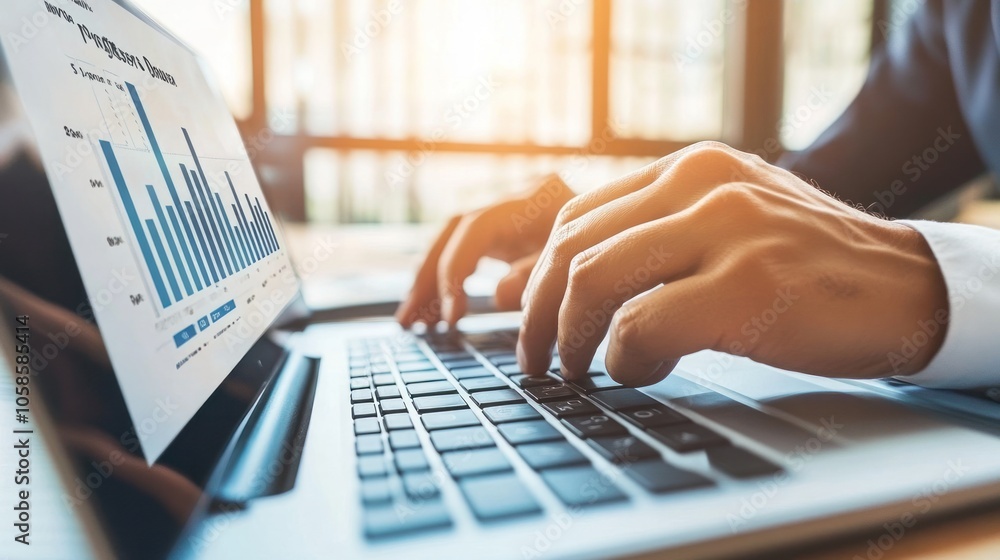 Poster close-up of a businessman's hands typing on a laptop with a graph on the screen.