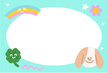 Cute pastel frame with puppy, rainbow, clover leaf for polaroid frame, animal, pet shop, vet, social media, post card, rectangle template, sticky note, banner, name tag, spring, summer, dog cartoon