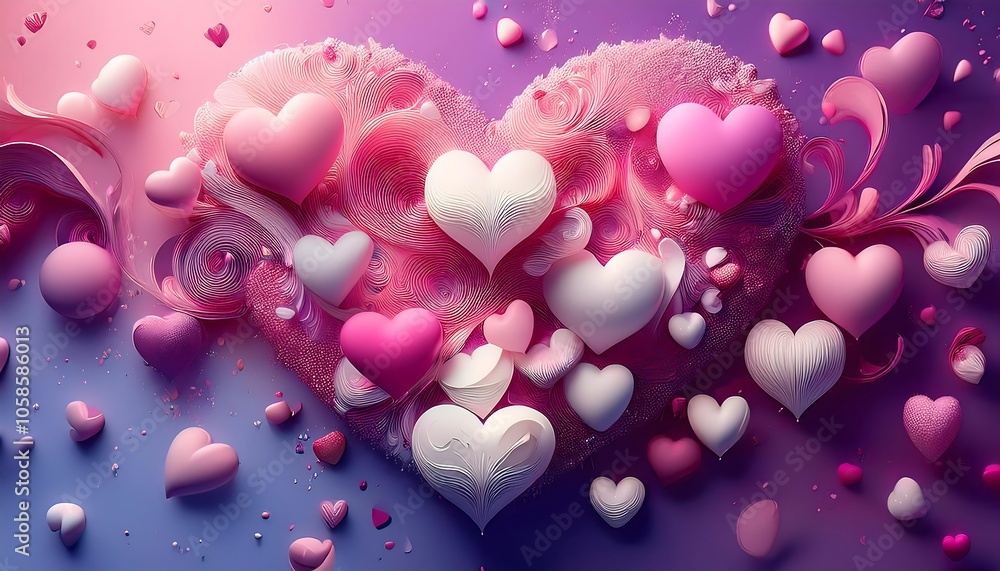 Poster colorful hearts floating in a vibrant, abstract background with waves and patterns.
