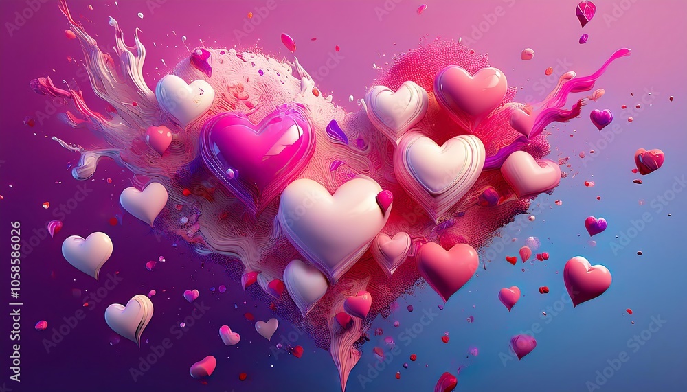 Poster colorful hearts floating in a vibrant, abstract background with waves and patterns.