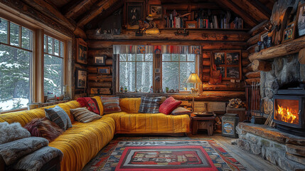 A wide-angle, high-contrast photo capturing the inviting interior of a Canadian log cabin. Generative AI