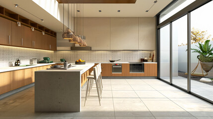 Obraz premium A modern and stylish kitchen interior rendered in 3D.