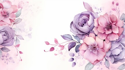 Fototapeta premium Elegant watercolor floral background featuring soft pastel hues of blooming flowers, lush greenery, and delicate abstract patterns, perfect for invitations, greeting cards, or decorative designs.